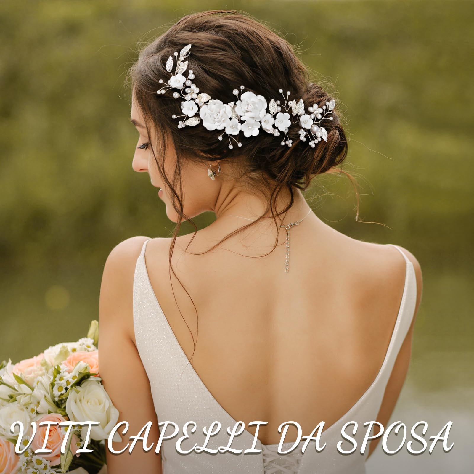 Kiiwah Fiore Sposa Matrimonio Capelli Vite Cristallo Fasce per Capelli Accessori Capelli Sposa Argento, Forcine a Forma Perlé a Forma Di U per Donne e Ragazze