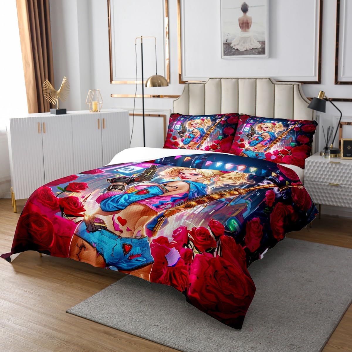 Shooting Games Girl Bedspread Queen Size,Red Rose Flower Bedding Set for Kid Teens Boys Room Decor,Hip Pop Punk Style Modern City View Comforter Set Pink Blue Cool Girls Coverlet Quilt 3Pcs