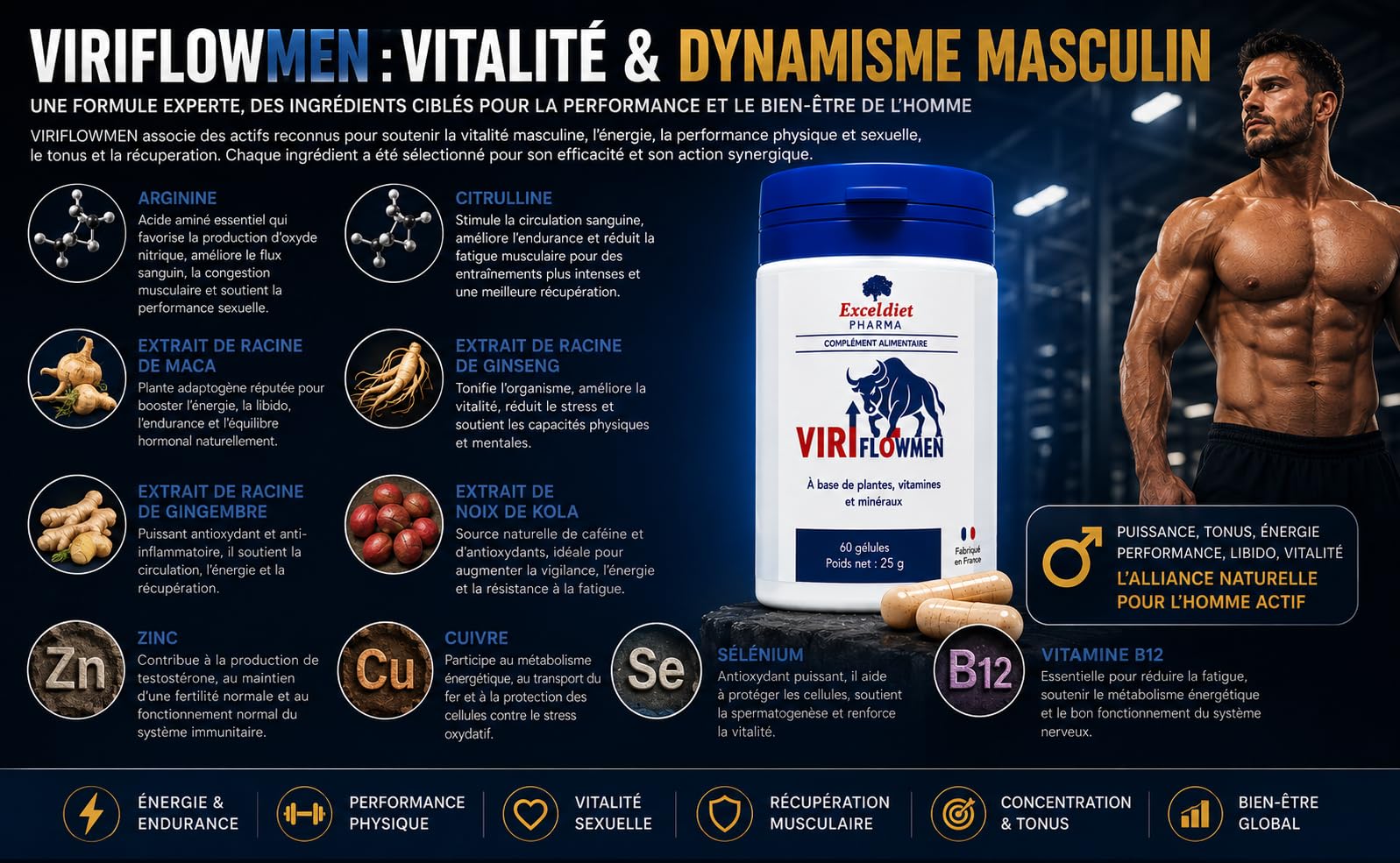 ViriflowMen – Complément Alimentaire Homme | Libido, Énergie Masculine, Vitalité & Endurance | Arginine, Citrulline, Ginseng, Maca, Kola, Gingembre | Vitamine B12 & Minéraux | 60 Gélules