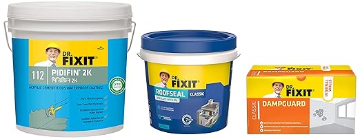 DR. FIXIT Roofseal Classic, 4 Liter & Dr. Fixit 112 Pidifin 2K 2-Parts Flexible Acrylic Cementitous & DR. FIXIT Dampguard Classic Damp-Proof Coating For Internal Walls and RCC Water Tanks 1Kg