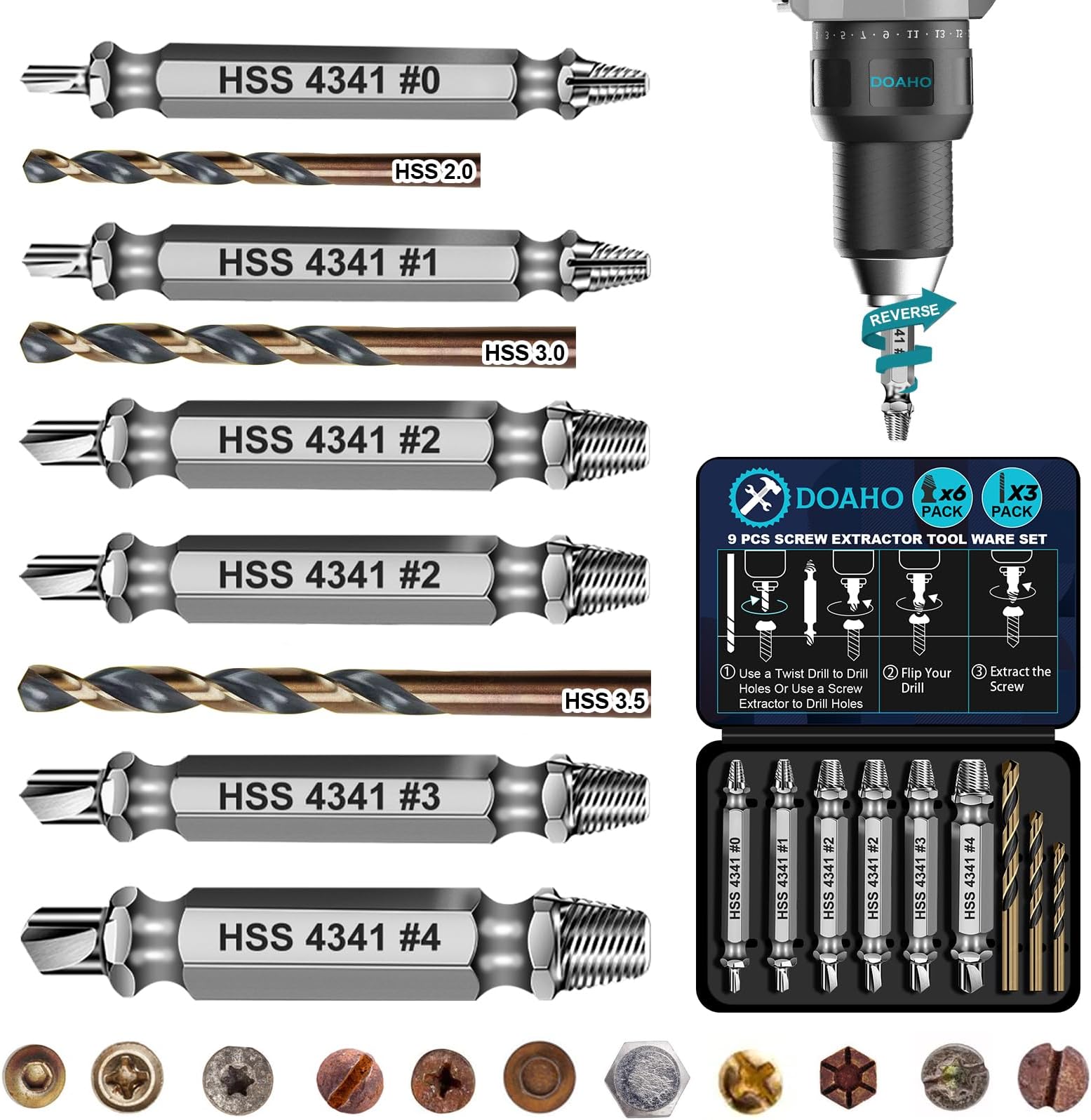 DOAHO 9 PCS Damaged Screw Extractor Set,6 PCS HSS 4341 Screw Extractor Remover Kit and 3 PCS Twist Drill Bit Kit for Stripped Screws & Drill Bit Tools,Holiday or Birthday Gift for Men