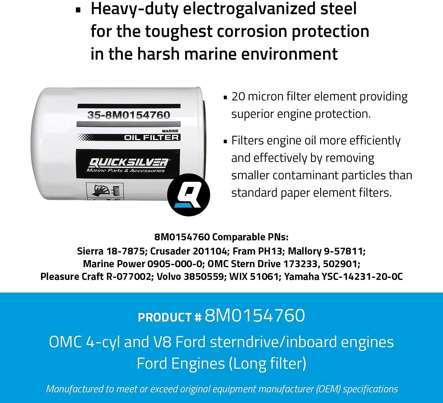 Quicksilver 8M0154760 20 Micron Oil Filter for Various Marine Engines