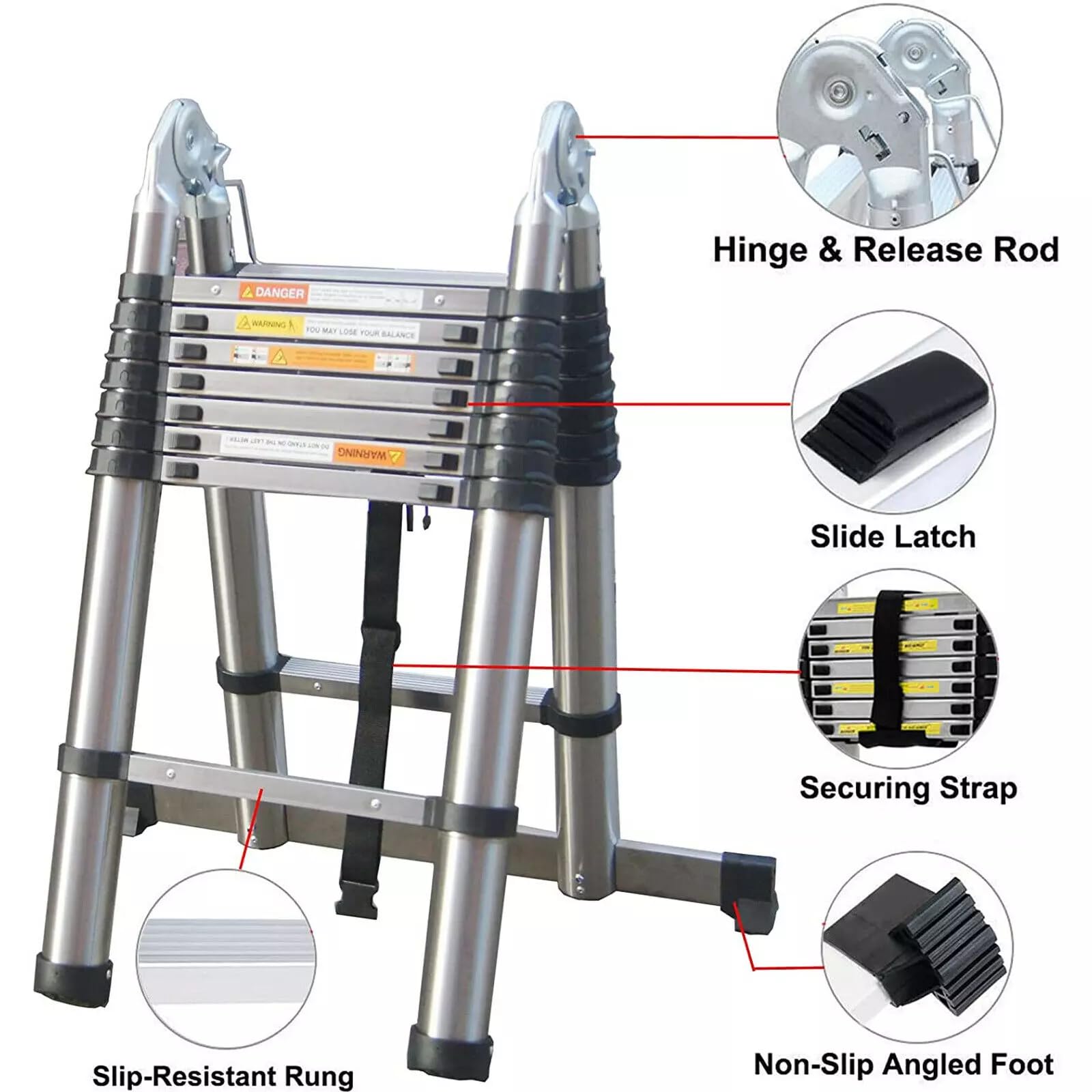 Escalera telescópica de 5 m de grosor, extensible, plegable, con marco en A, antideslizante, con barra estabilizadora, de acero inoxidable (2,5 m + 2,5 m), más fuerte que otras