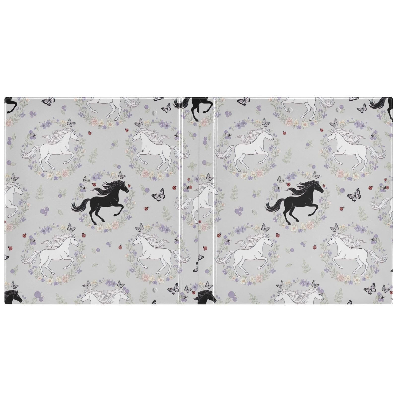 Raccoglitore a 3 anelli con motivo floreale e cavalli bianchi e neri, 3,8 cm, confezione da 2