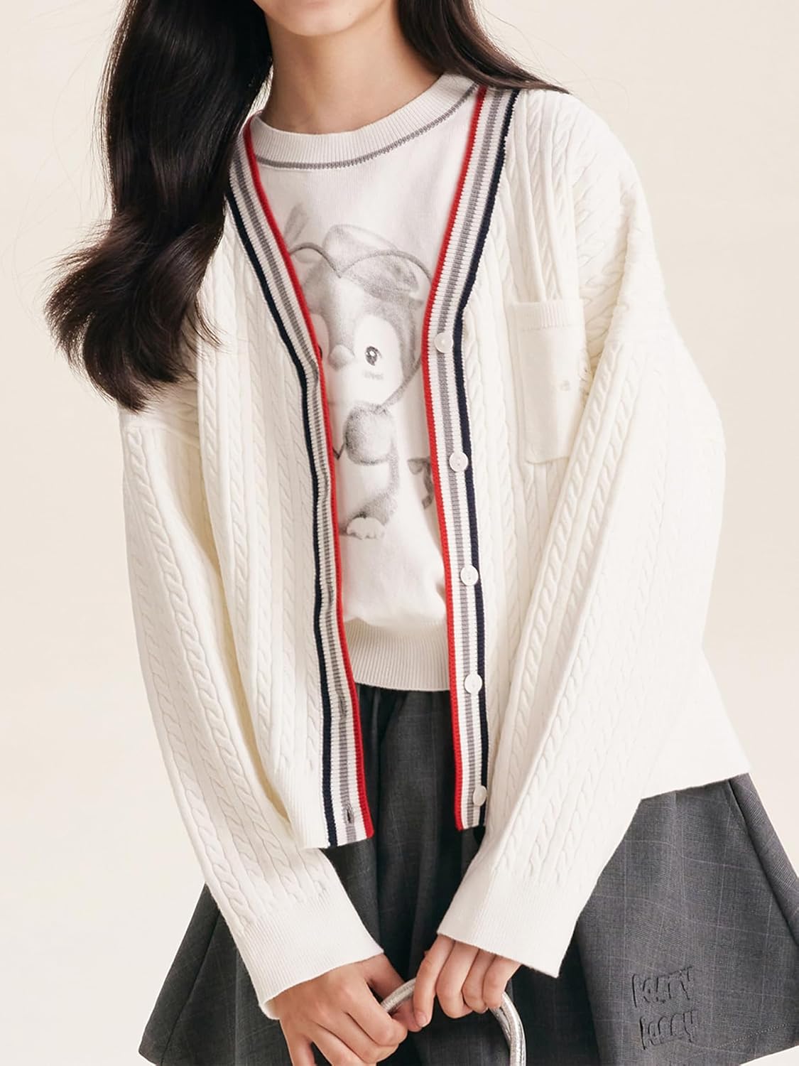 Girls Cable Knit Cardigan White V-Neck Striped Trim Pocket Long Sleeve Sweater for Girls 6-16Y