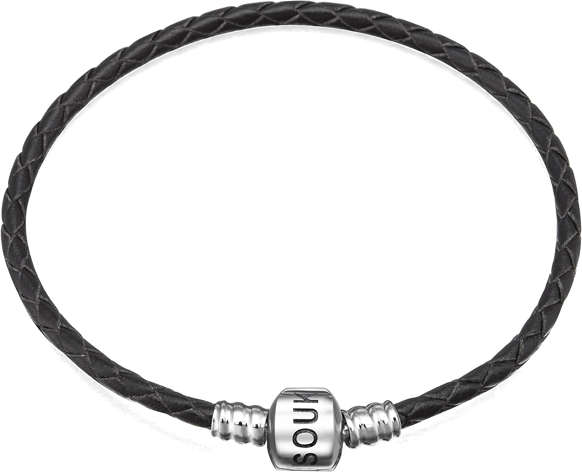 Genuine Black Leather Woven Bracelet with 925 Sterling Silver Barrel Snap Clasp Bead Bracelet for Charms