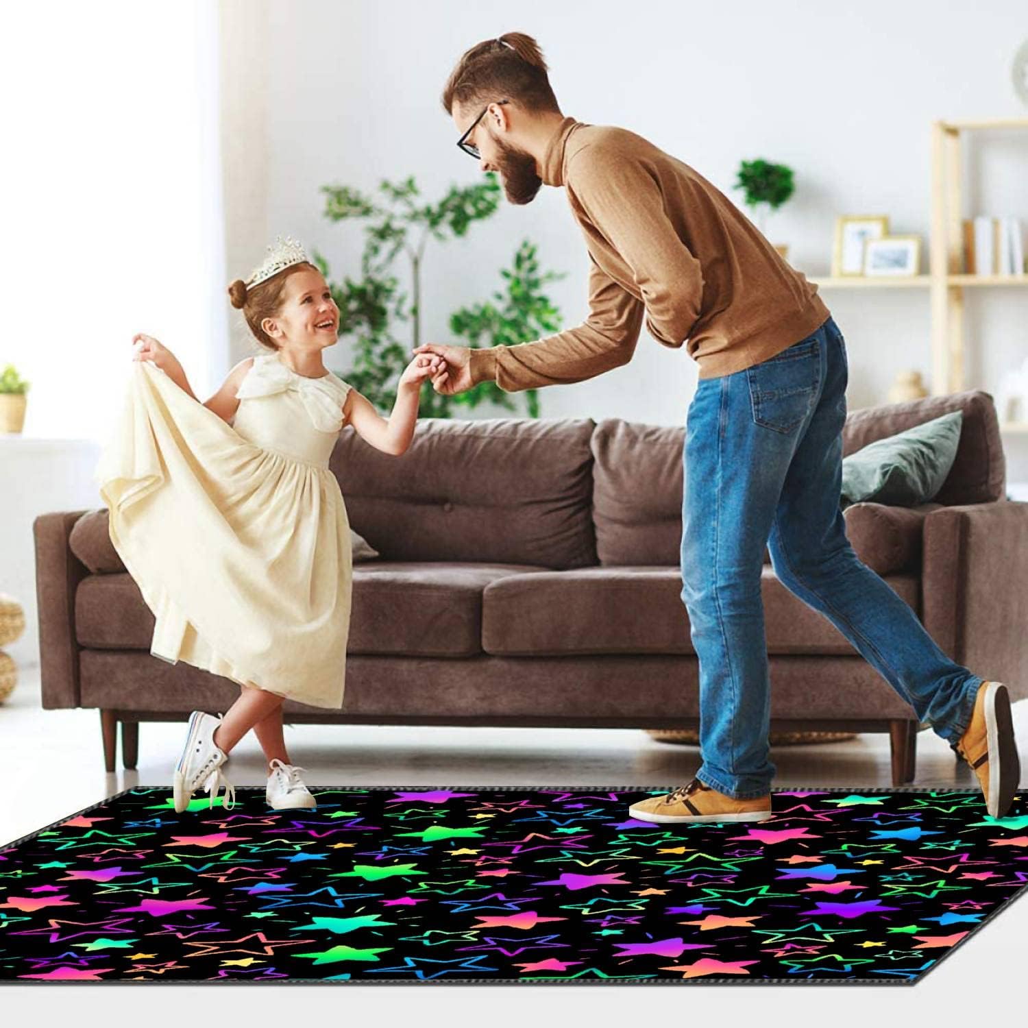 Kids Area Rugs Seamless Background with Bright neon Stars 3D Rugs for Playroom Bedroom Classroom Decor Yoga Mat Non-Slip Floor Outdoor Mat Carpets for Kids 4x6 ft