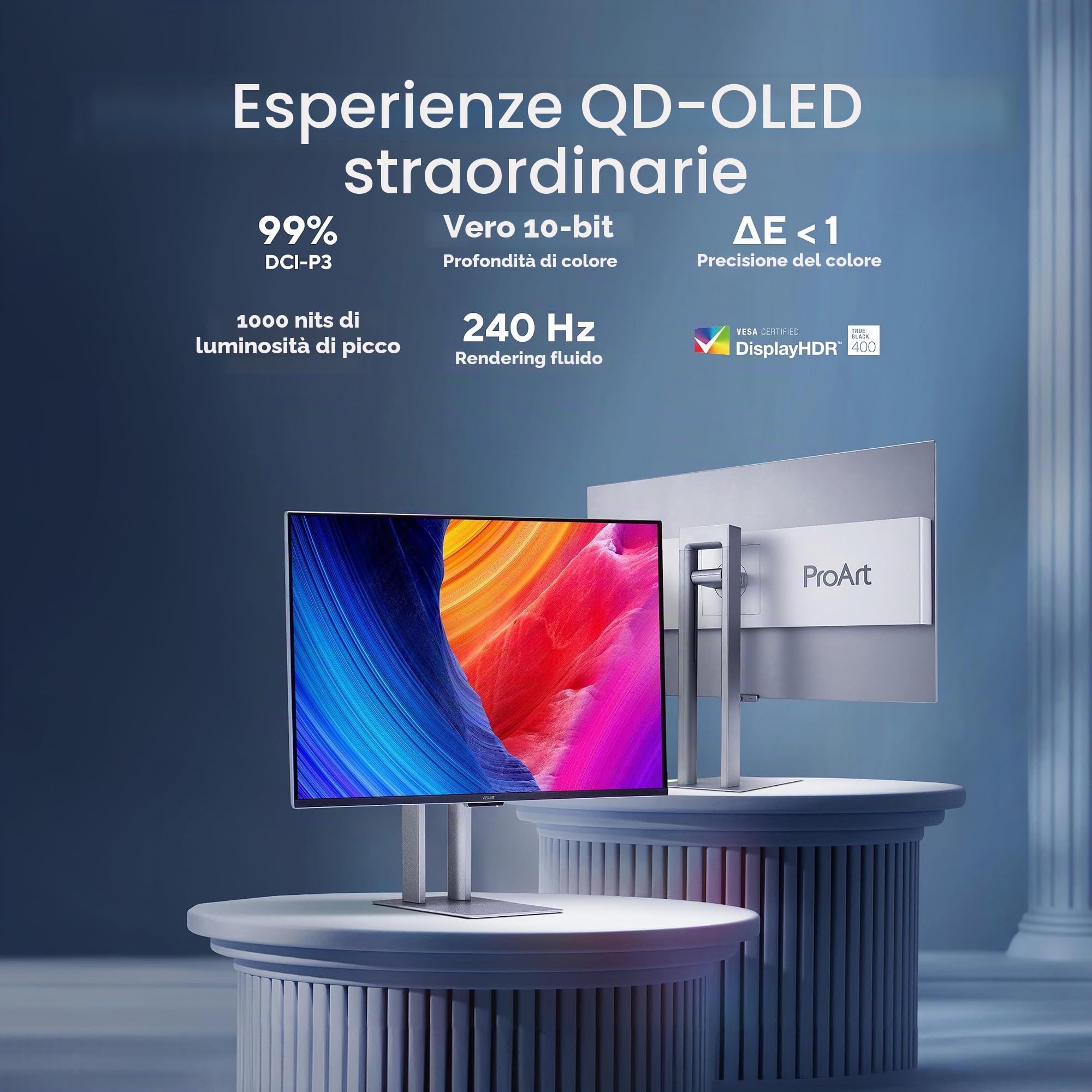 ASUS PROART DISPLAY OLED PA27UCDMR, Monitor Professionale da 26,5", Nero | 4K UHD QD-OLED (3840 x 2160), QD-OLED, 240Hz, 0.1ms, Ultra sottile, Auto Calibrazione, Dolby Vision, Supporto Ergonomico