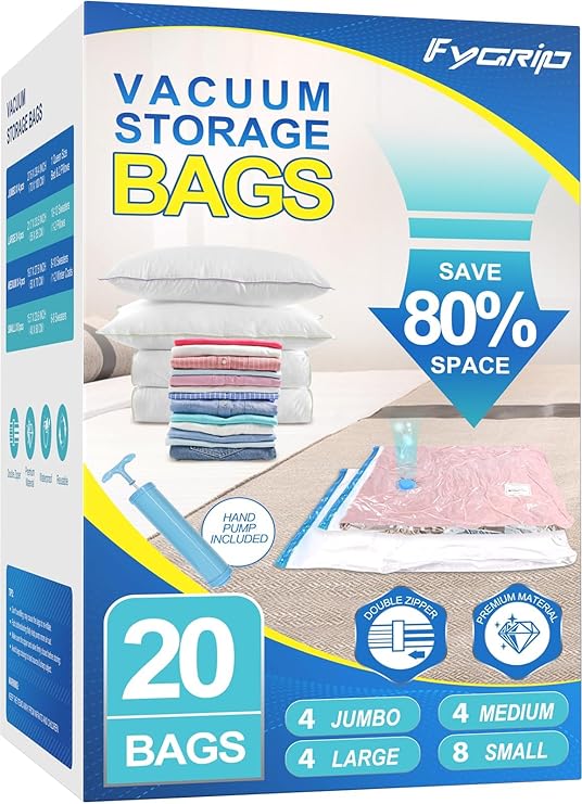 20 Pack Vacuum Storage Bags with Hand Pump, 4 Jumbo + 4 Large + 4 Medium + 8 Small Plastic Packaging Bags, 80% Space Saver Vacuum Seal Bags for Clothing, Travel Lugggage, Blankets, Comforters