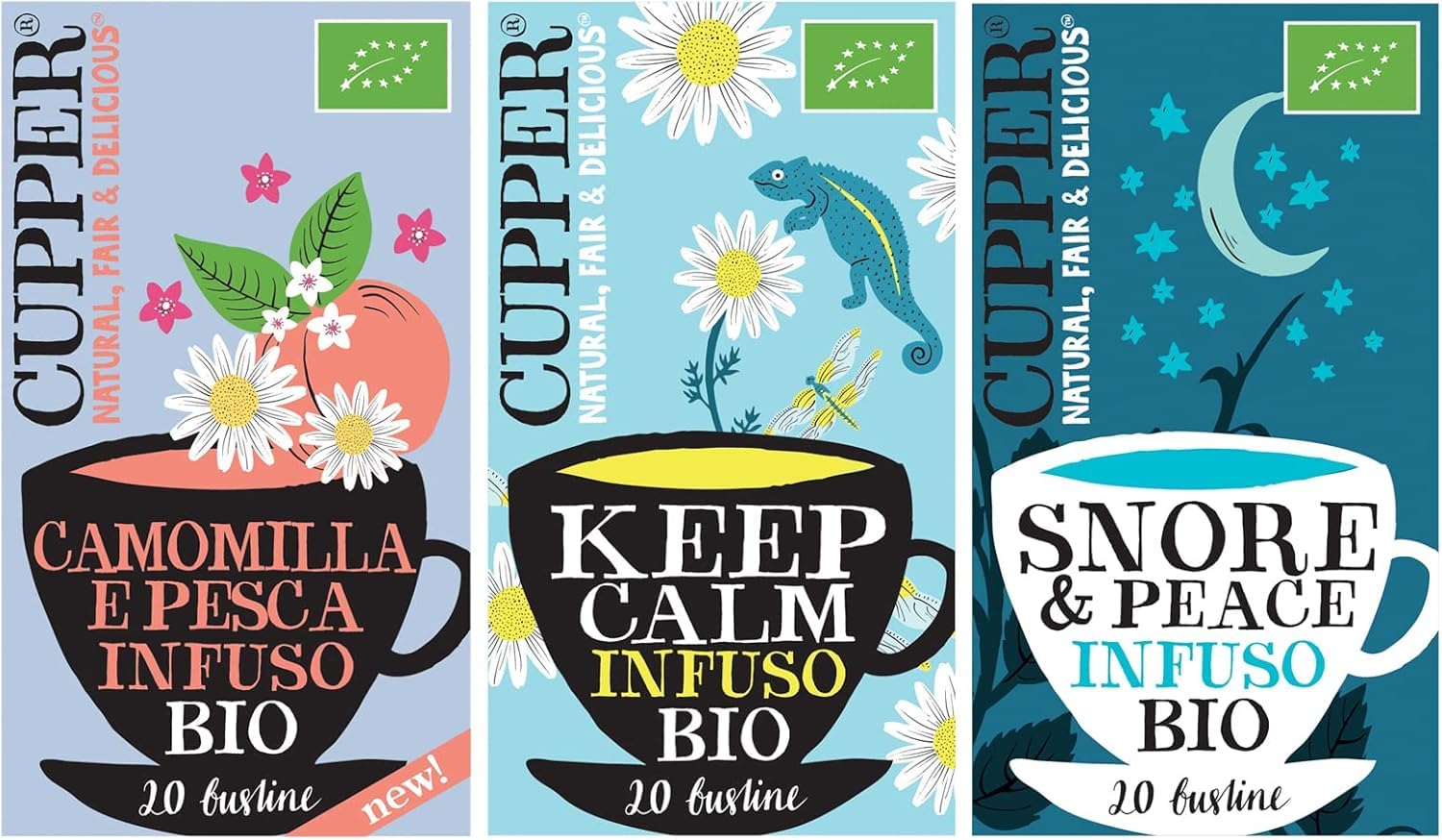 Cupper Confezione Bundle di Tisane Biologiche, Camomilla e Pesca, Snore&Peace e Keep Calm, Cofanetto Mix di Camomille, Assortimento di Tisane con Filtri 100% Biodegradabili, Confezione da 60 bustine