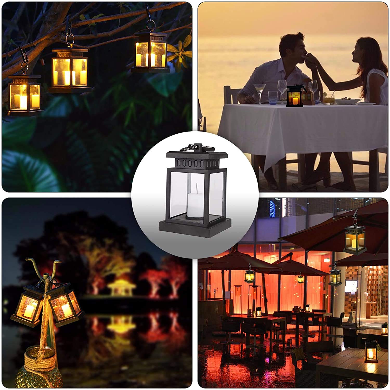 Lot de 4 lanternes solaires d'extérieur avec bougie LED, lanterne solaire LED, lampes solaires pour extérieur, à suspendre, effet vacillante, lanterne LED solaire avec bougies, lampes de décoration