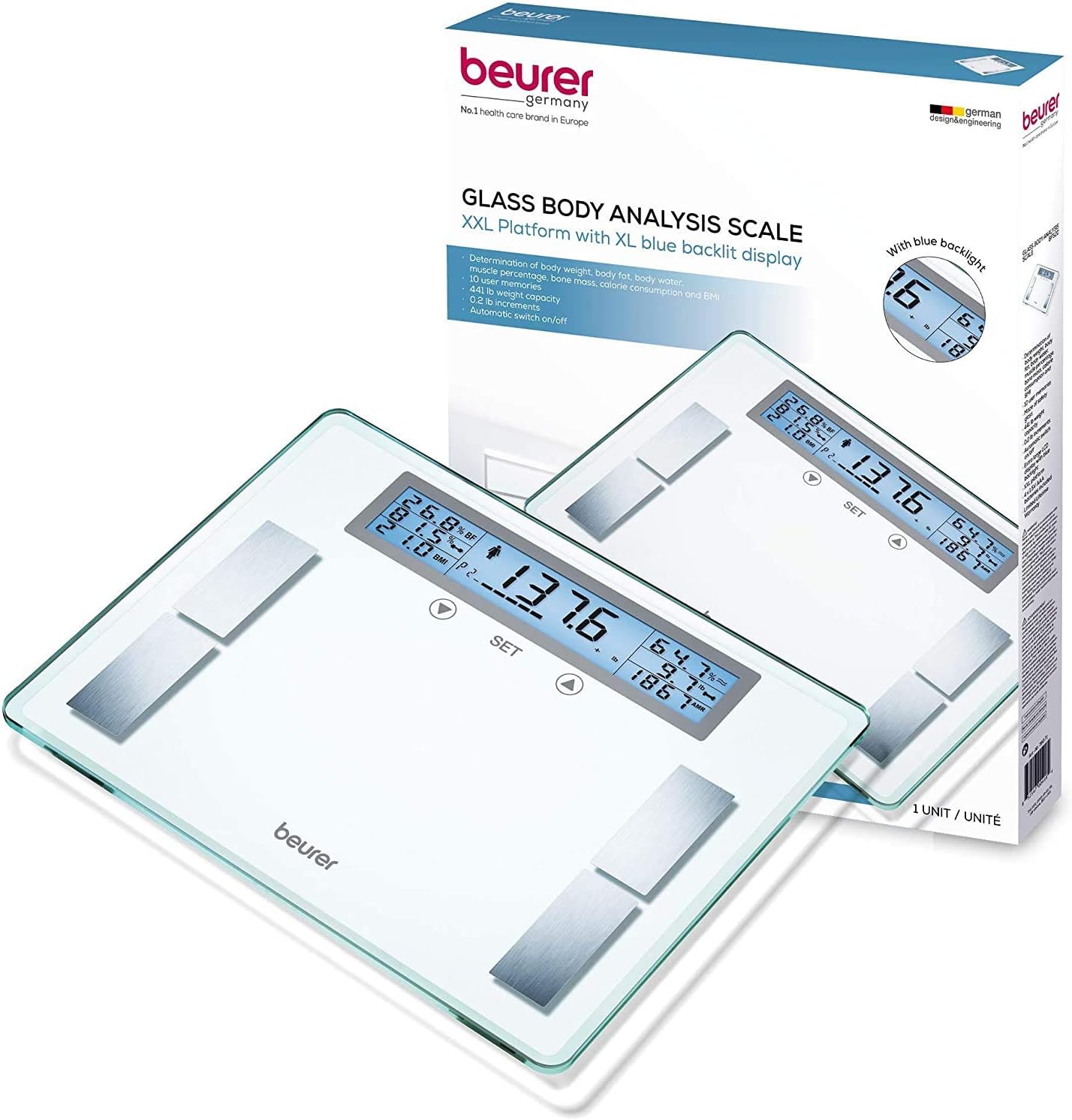 Beurer Body Analyzer Scale XXL Extra Wide Platform & LCD Illuminated Display, 5 Activity Levels, Multi-User Weight Management Scale Calculates BMI, Heavy Duty, 440 lb. Capacity, 10 User Slots, BF520 : Health & Household