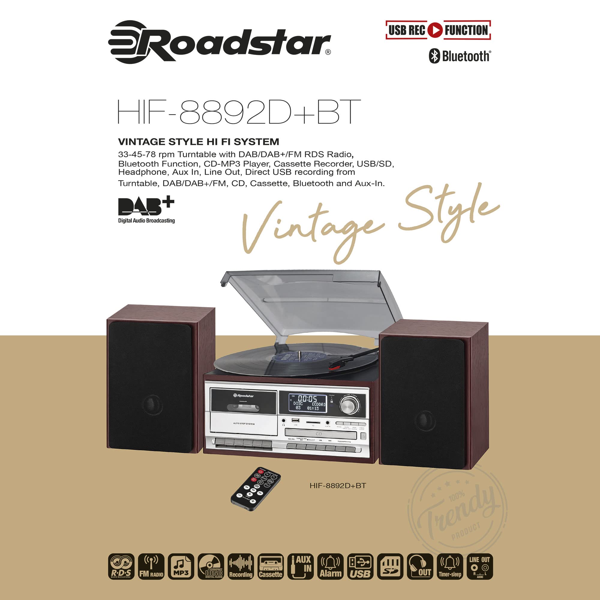 Roadstar HIF-8892D+BT Mini Impianto Stereo Hi-Fi Giradischi 3 Velocità Giri 33/45/78, Radio DAB/DAB+/FM, Lettore CD/CDR/CDRW/CD-MP3, Cassette, Bluetooth, USB/Scheda SD, Telecomando, Legno