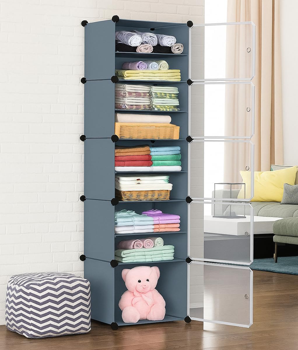 Collapsible Wardrobe for Clothes - DIY 6 Door Plastic Almirah for Clothes with Doors | Side Hanger,Folding Waterproof Memory Standing Wardrobe for Storage for Home Clothes (Grey, 5-Door)