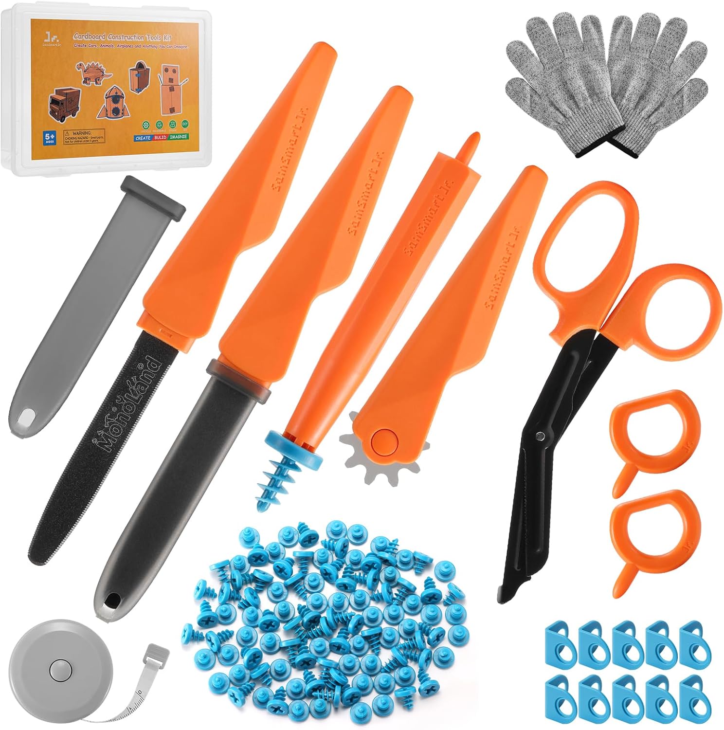 SainSmart Jr. Cardboard Tools for Kids with Safe Cutter, Tool Box & Tape Measure, 120 PCS Cardboard Construction Kit for Family & Classroom Activities | Reusable Cutting Tools for Boys & Girls Age 5+