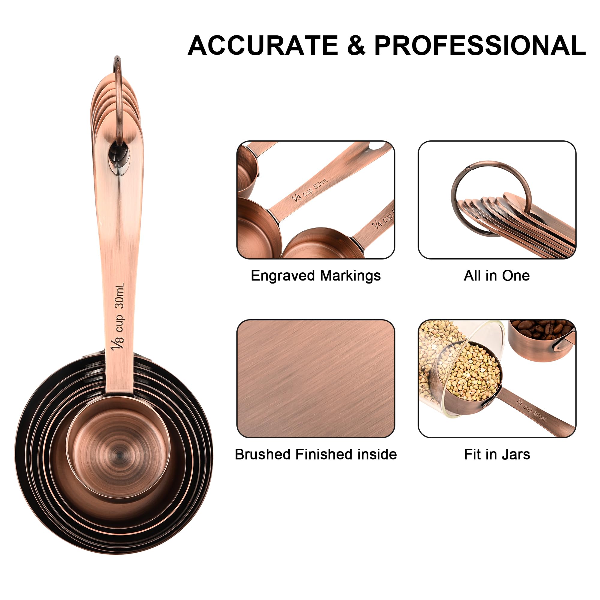 Juego de 18 tazas y cucharas medidoras de cobre, 7 tazas medidoras de cobre, 9 cucharas medidoras de cobre, cucharas medidoras de acero inoxidable y tazas para ingredientes secos y húmedos