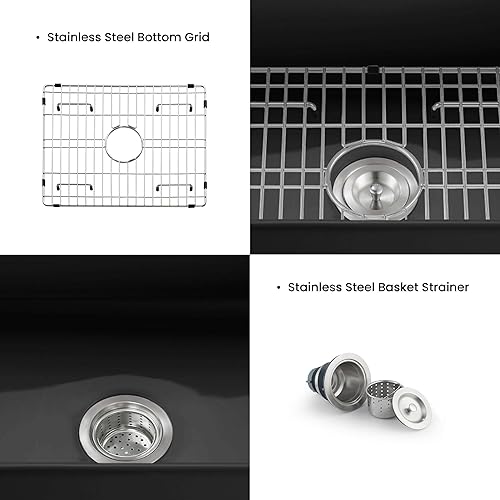 Miniatura 8 de KIBI Pure - Delantal de fregadero de cocina de arcilla refractaria de 24 pulgadas con rejilla inferior y colador, fregadero de acristalamiento