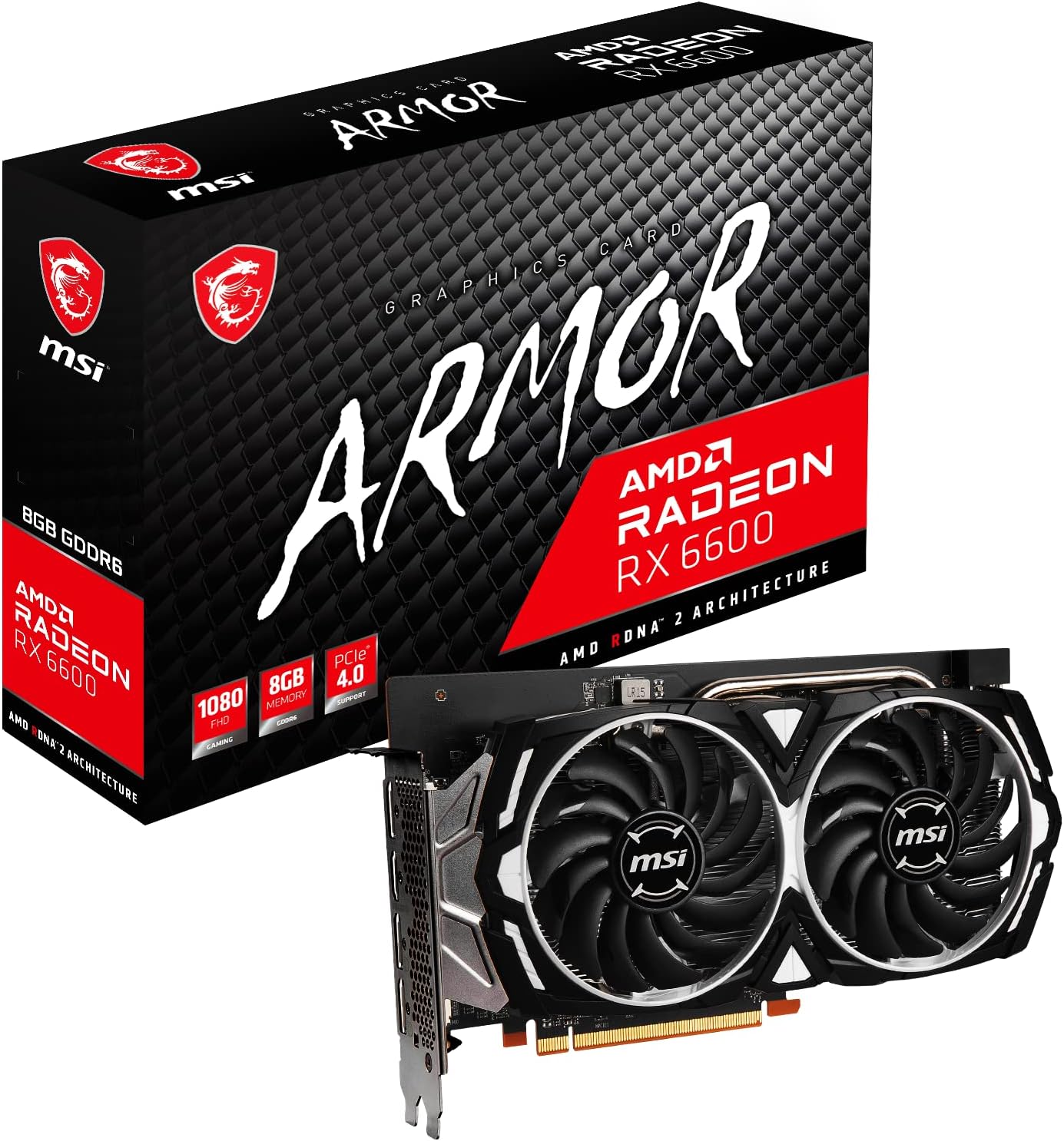 MSI Radeon RX 6600 ARMOR 8G Gaming Graphics Card - AMD RX 6600, GPU 2044/2491 MHz, 8000MB DDR6 Memory