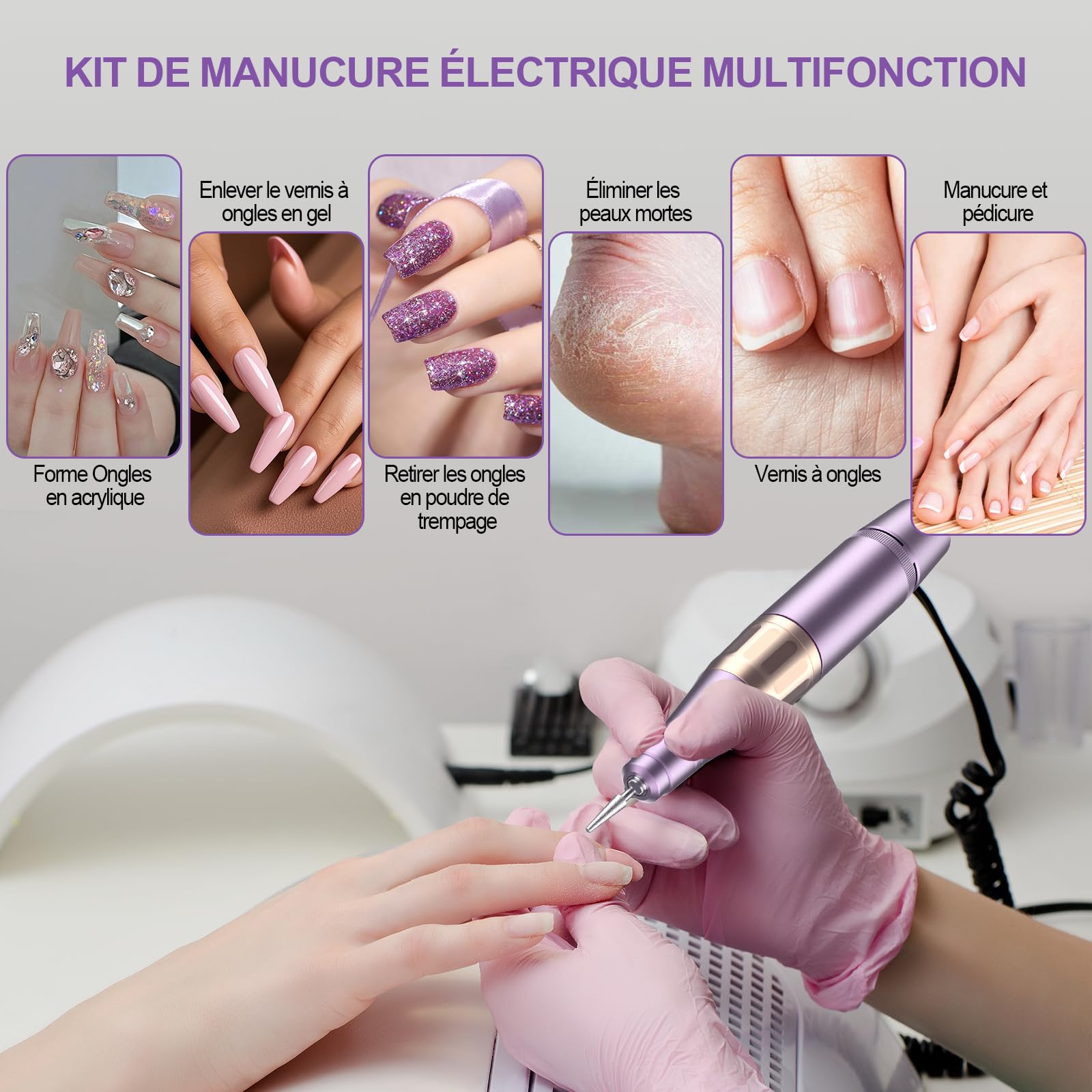 Ponceuse pour Ongles Professionnel 40000 tr/min, 12 en 1 Ponceuse Ongles pour Acrylique/Gel, Lime a Ongle Electrique Portable Rechargeable, Set Manucure Pédicure pour Salon/Maison (Violet)