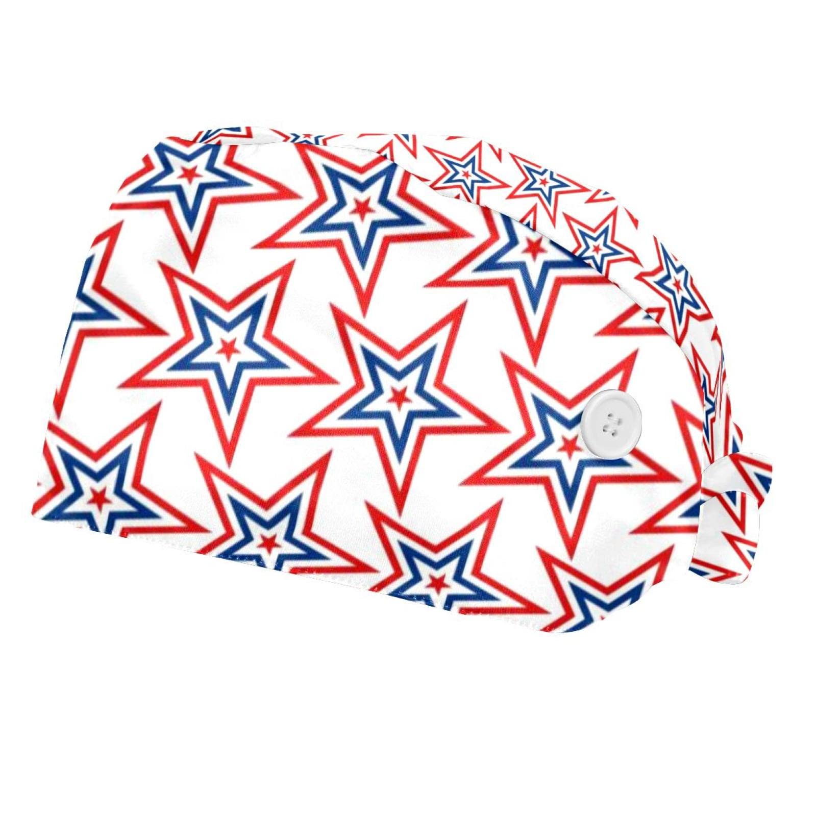 Pulongpoq Working Cap with Button, 2 Pcs Adjustable Tie Back Hat Sweatband Hair Cover for Women Men, America Star Blue Red Pattern