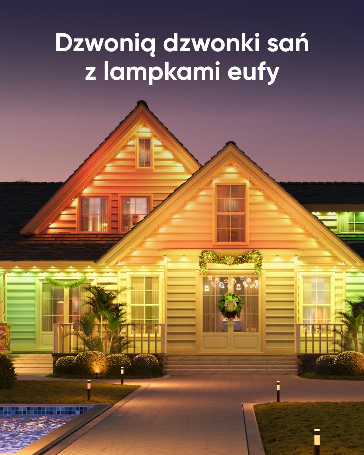 Stałe oświetlenie zewnętrzne eufy E22, 30 m z 60 potrójnymi diodami LED, inteligentne oświetlenie RGBWW, Wodoodporność na poziomie do IP67, motywy oświetlenia AI Boże Narodzenie, kompa