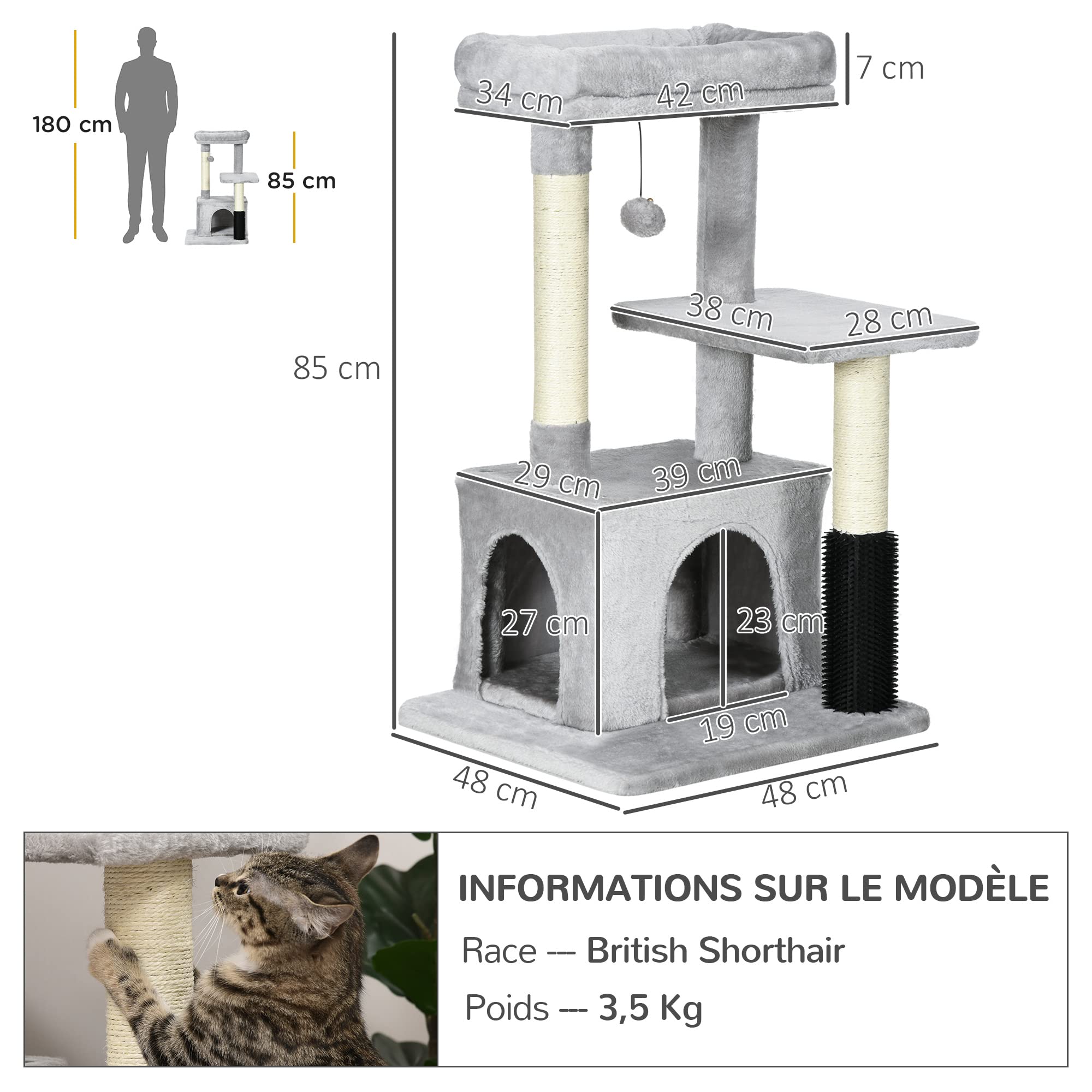 PawHut Arbre à Chat Arbre à Grimper griffoir Massage pour Chat Centre d'activités avec Niche et Plates-Formes Hauteur 85 cm Gris Clair | pour Chat, Centre d'Activités, avec Niche et Plates-Formes