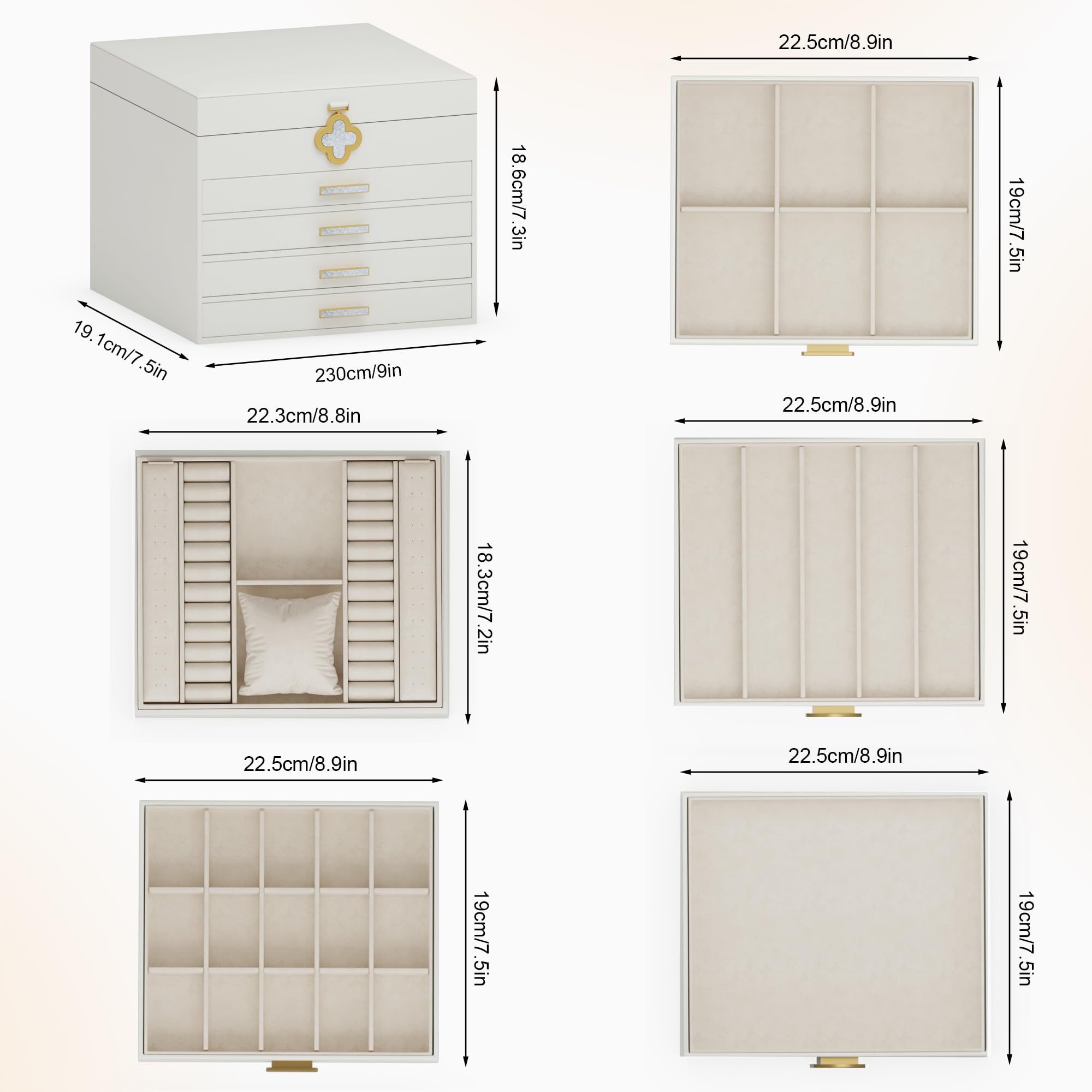ADEL DREAM Portagioie a 5 ripiani con bottone a forma di quadrifoglio, con vassoio estraibile, organizer per gioielli con grande specchio, scomparti regolabili fai da te, per mamme e ragazze bianco