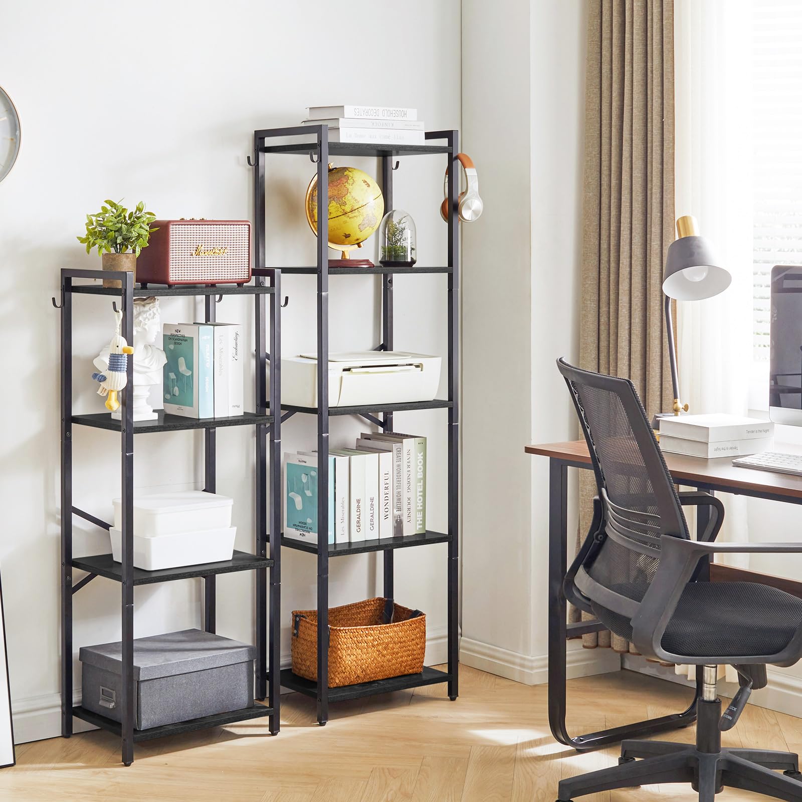 YMYNY Étagères à 5 Niveaux, Bibliothèque, Étagère de Rangement, Hauteur 147CM, Étagères Ouvertes, Éétagères de Bureau, Cadre en Métal, pour Salon, Bureau, Cuisine, Noir HBC005B