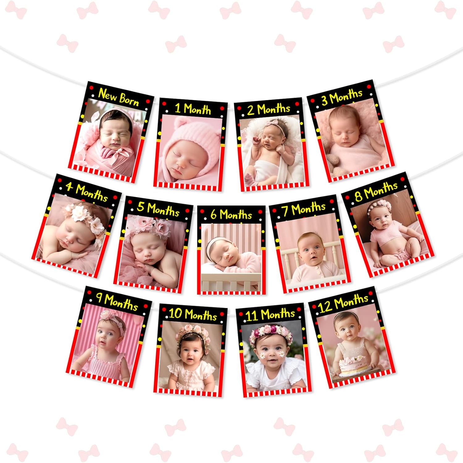 Kreatwow Cartoon Mouse 1st Birthday Photo Banner Red Black Cartoon Mouse 1st Birthday Party Decoration One Year Old Photo Banner Monthly Newborn To 12 Months Black Mouse Party Supplies for Boy Girl