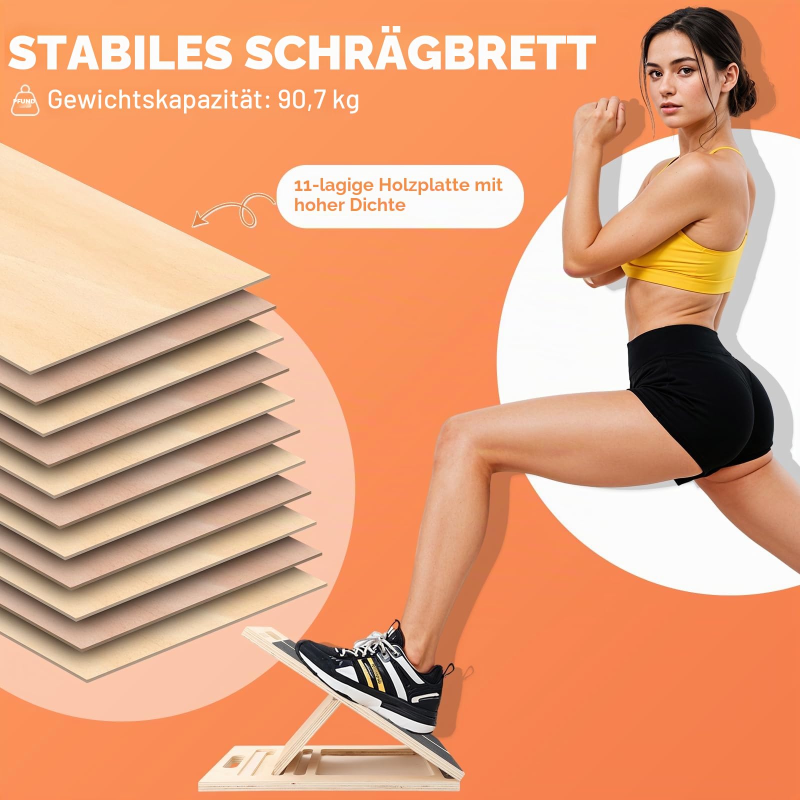Verstellbares Schrägbrett aus Holz, Wadendehner faltbar mit Griff | 5 Winkel 20°–45°, Rutschfeste Oberfläche, Massivholz bis 250 lb, für Waden, Knöchel und Squat-Stretching