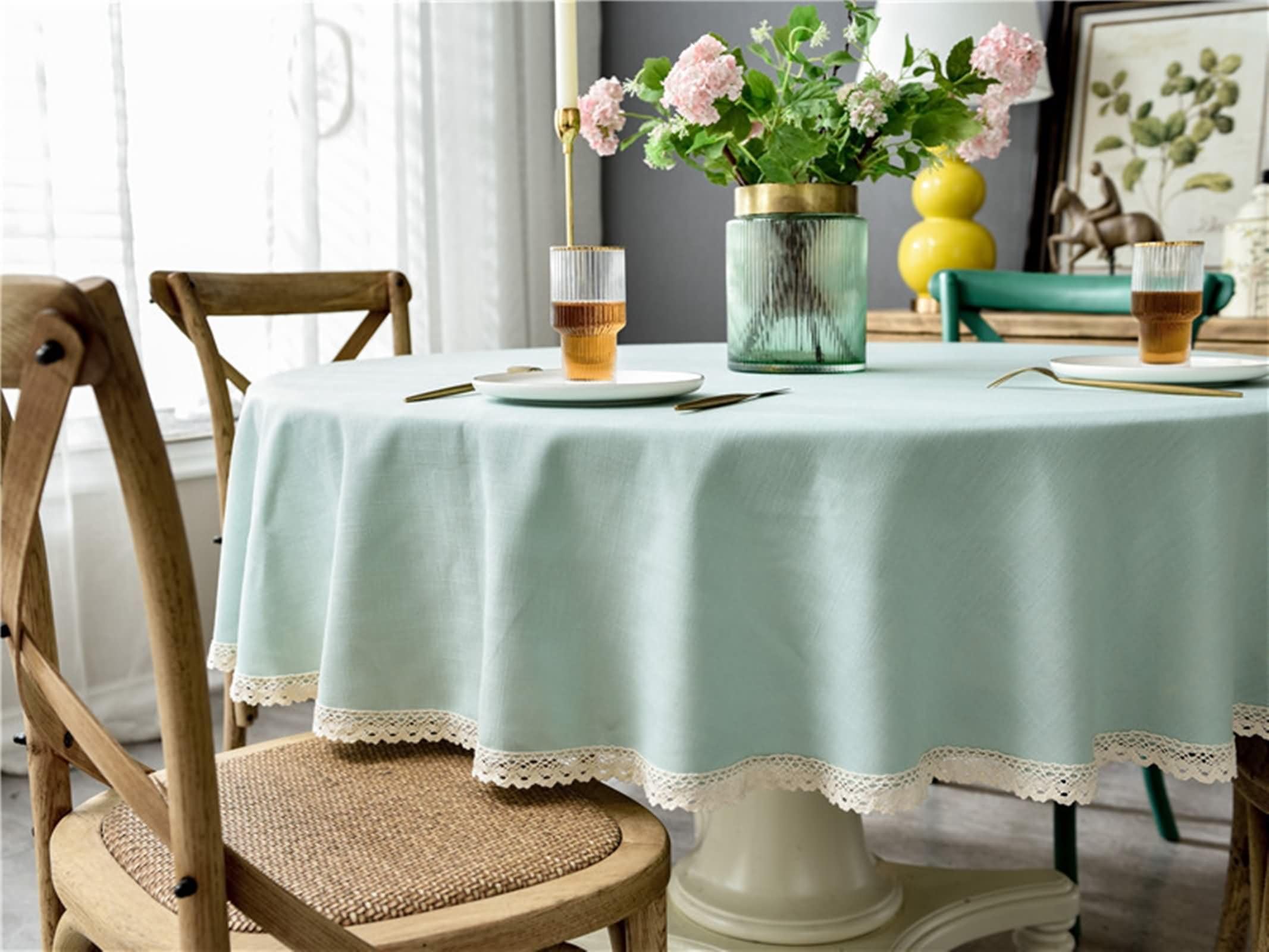 Blau Grün Tischdecke Rund 160 cm, Polyester Einfarbig mit Spitze, Tischdeko Wohnzimmer