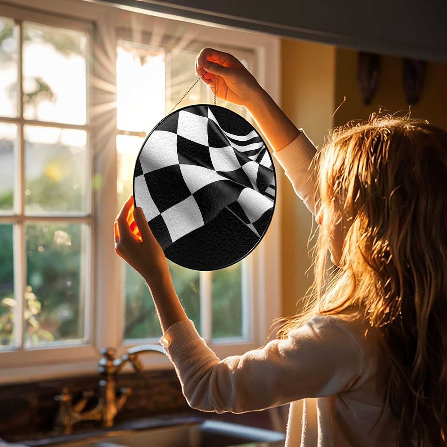 Stained Glass Window Hanging 12in Window Suncatcher Glass Panel with Metal Chain Black White Formula Checkered Flags Sun Catchers Wall Art Home Decor Gift for Women Mother's Day
