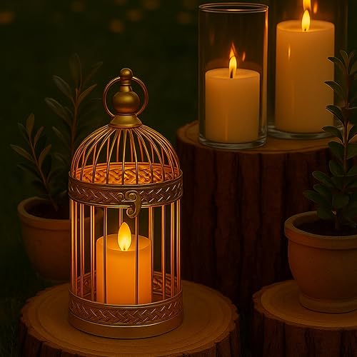 Miniatura 5 de Vela Lanterns Portavelas decorativo para jaula de pájaros, farol decorativo para centro de mesa, dorado, juego de 4