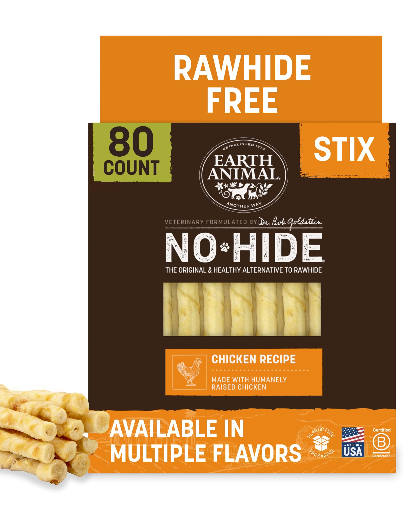 Earth Animal No Hide Stix - Rawhide Free Dog Chews Sticks 80 Count Chicken