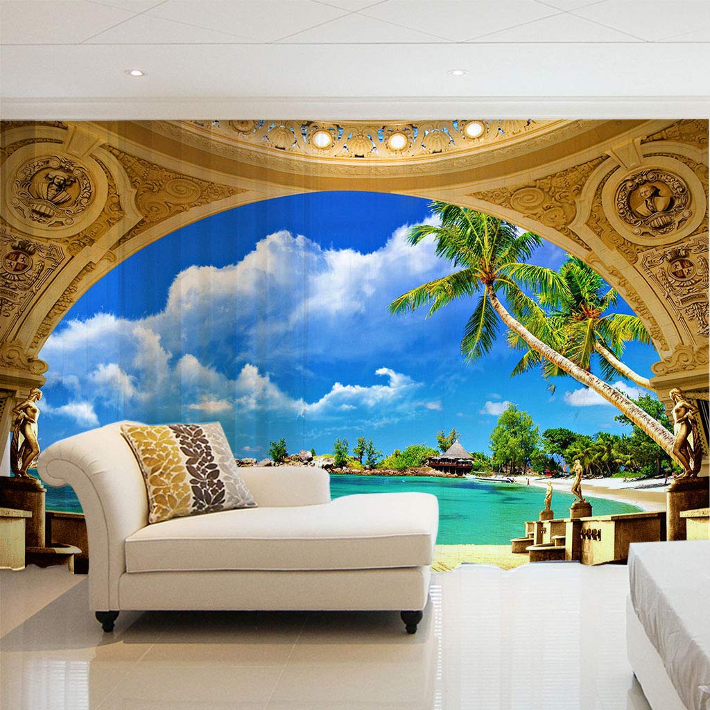 Rideaux voilages 3D paysage marin, 2 pièces de 140x225cm à oeillets pour habiller votre salon