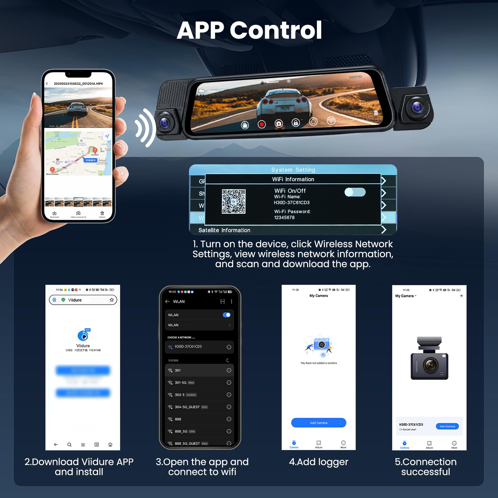 10" Espejo Retrovisor Dashcam Pantalla Tácti, Delantera Trasera Izquierda y Derecha 4cámaraStreaming Media con Tarjeta 64 G Lente Doble Súper Visión Nocturna, G-Sensor/Grabación en Bucle