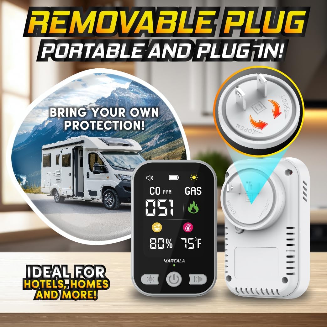 MARCALA 2026 1-Pack Travel Carbon Monoxide Detector | Carbon Monoxide Detectors Portable | Carbon Monoxide and Gas Detectors | Wall Plug-in & Battery for Power Outage | Temp, Humidity, Gas & CO Alarm! - Image 4