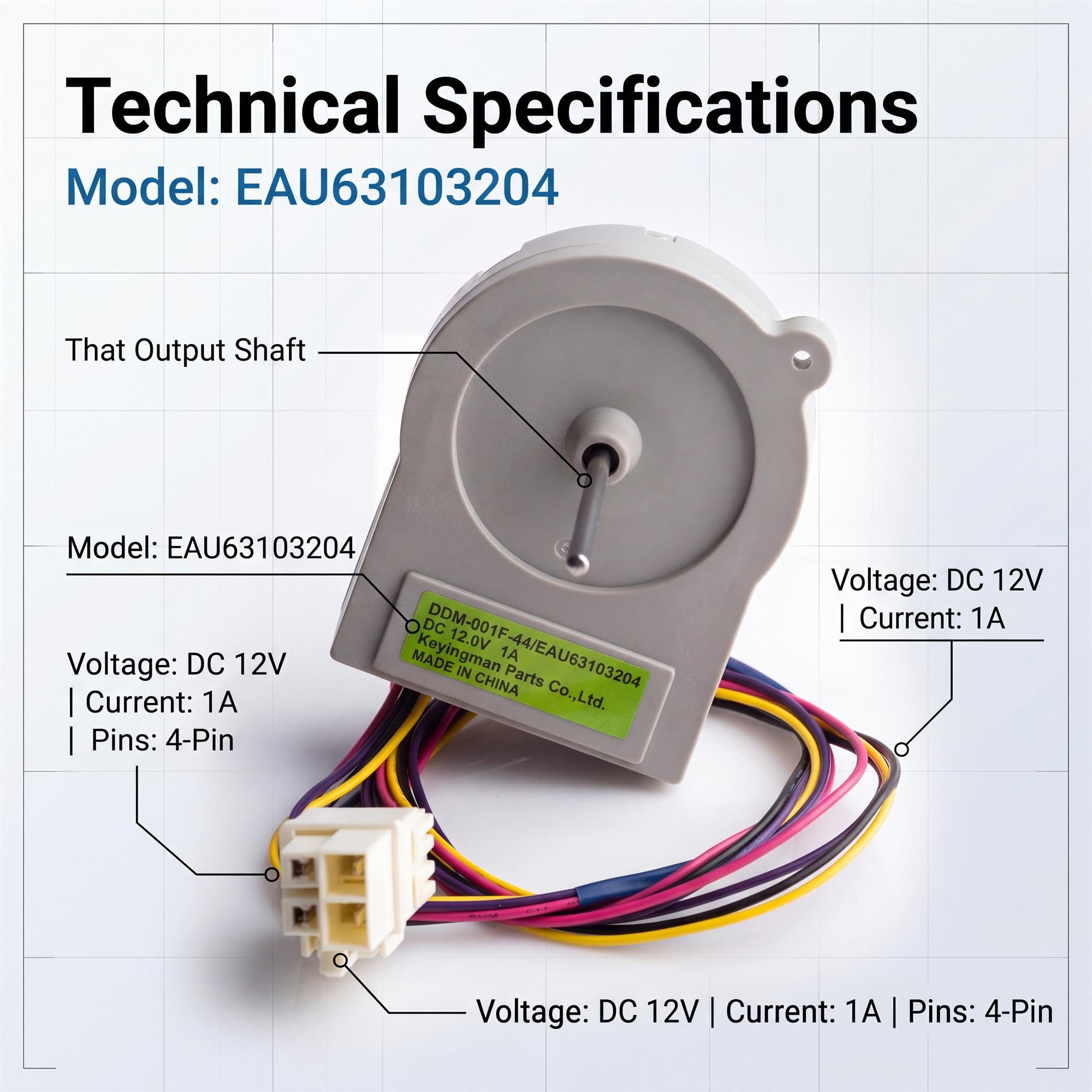EAU63103204 - Motor de ventilador evaporador de refrigerador, compatible con LG, Kenmore, reemplaza 4324005, EAP11761149, PS11761149, PD00052079, AP6028842, ODM-001F-44