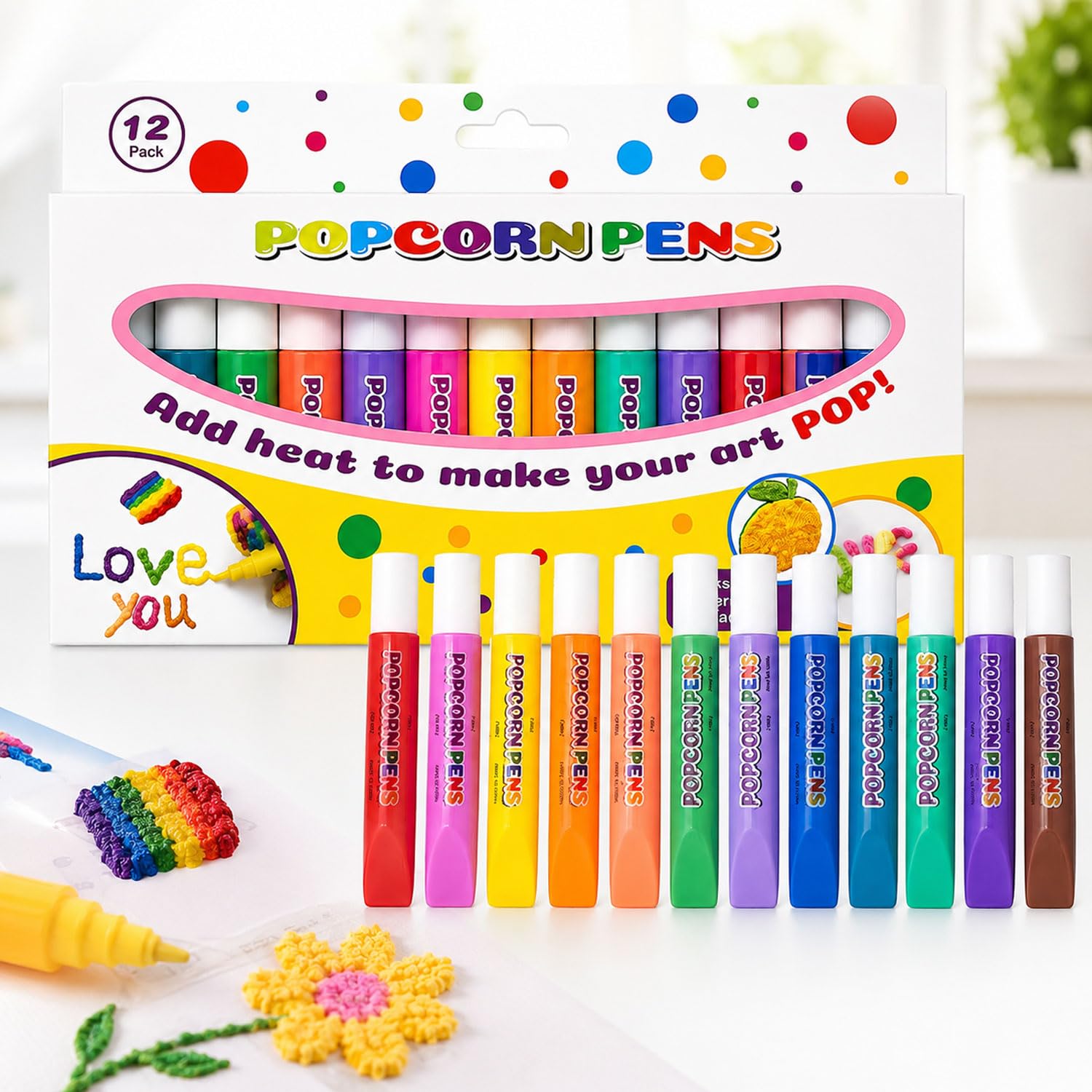 3D Bubble Pen Puffy Paint Popcorn Pens Set, 6/12 PCS DIY Bubble Popcorn Drawing Pens for 3D Art, Greeting Cards, Scrapbooks and Creative Projects (12pcs)
