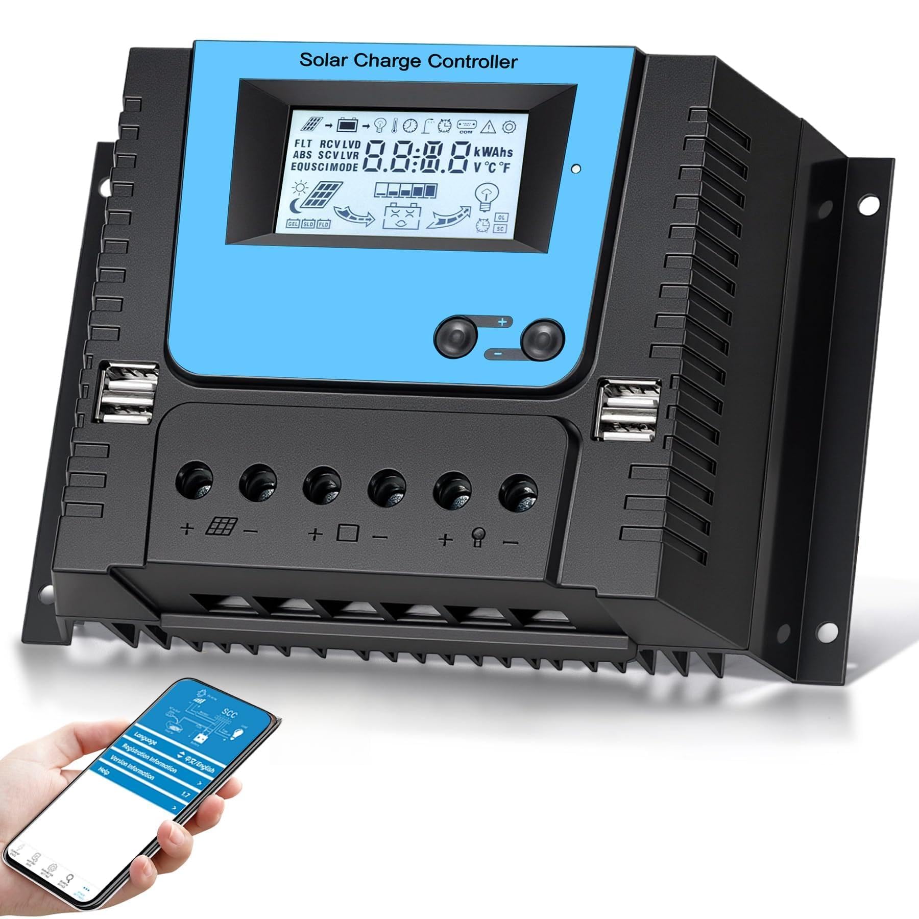 80A Regolatore di Carica Solare Con Bluetooth, PWM 80A Regolatore Carica Solare con Sensore Temperatura, LCD Display, 4 USB porte, Adatto varie 12V 24V 36V 48V Piombo e Litio Batterie