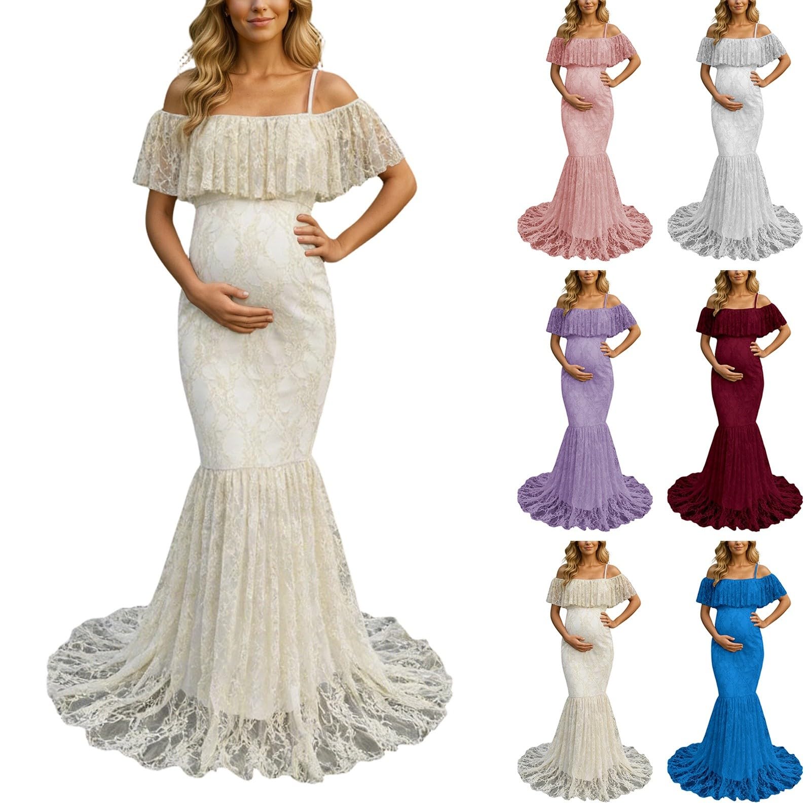 Abito premaman da donna con spalline sottili, abito premaman con volant in pizzo floreale, abito estivo per fotografia, abito da matrimonio, abito elegante in tinta unita da donna per baby shower