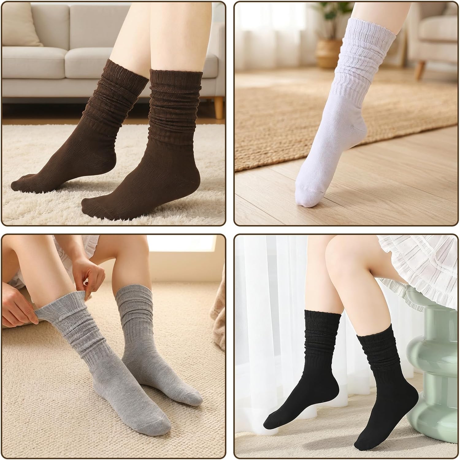 Women Slouch Crew Socks Soft Ribbed Stackable Mid Calf Socks | Stretch Stackable Mid Calf Socks Multi Neutral Tone Pairs For Women Daily Casual Outfits
