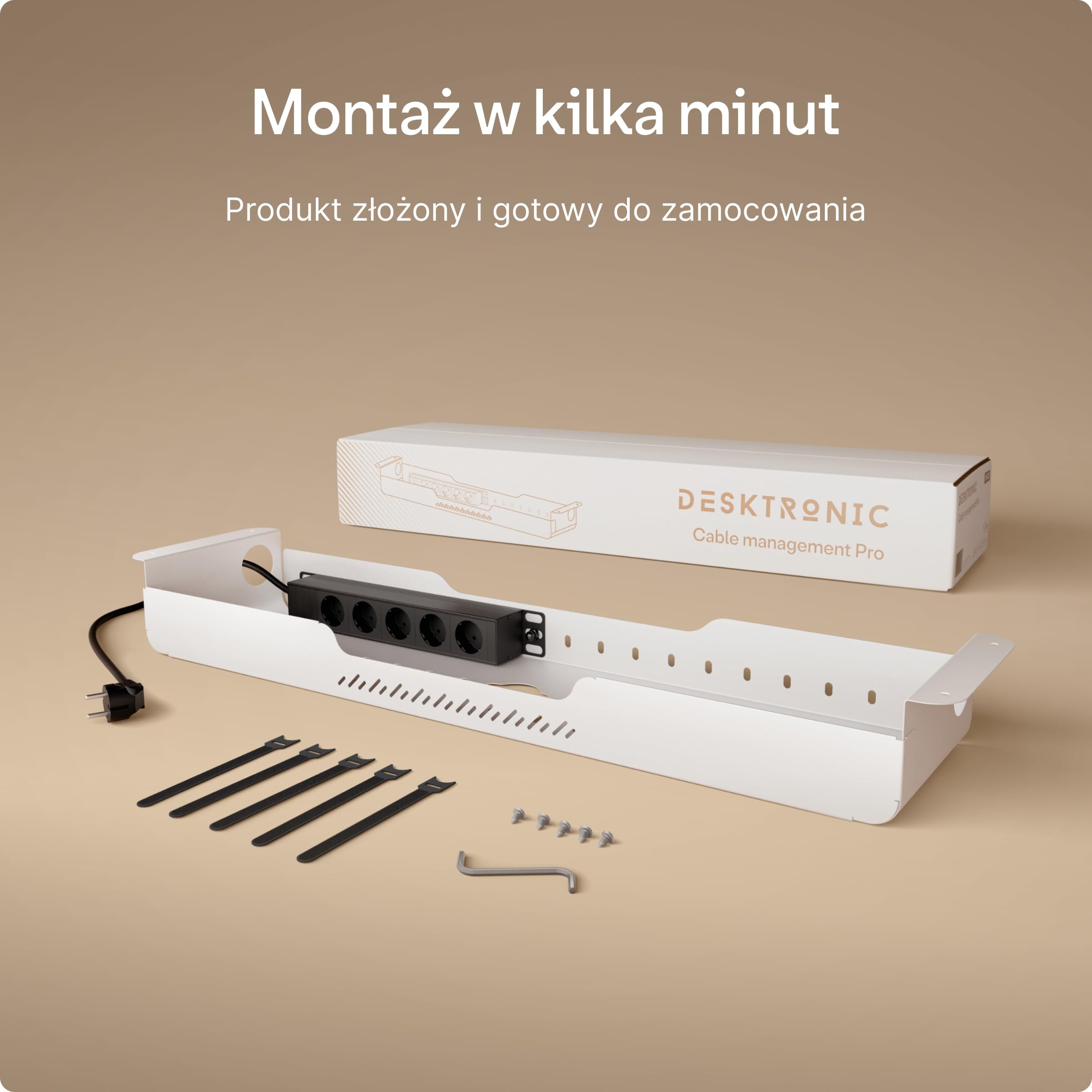 Cable Management Pro – Organizer kabli pod biurko z wbudowaną listwą zasilającą, stalowa tacka na kable z magnetyczną osłoną, wentylowana konstrukcja, łatwy montaż