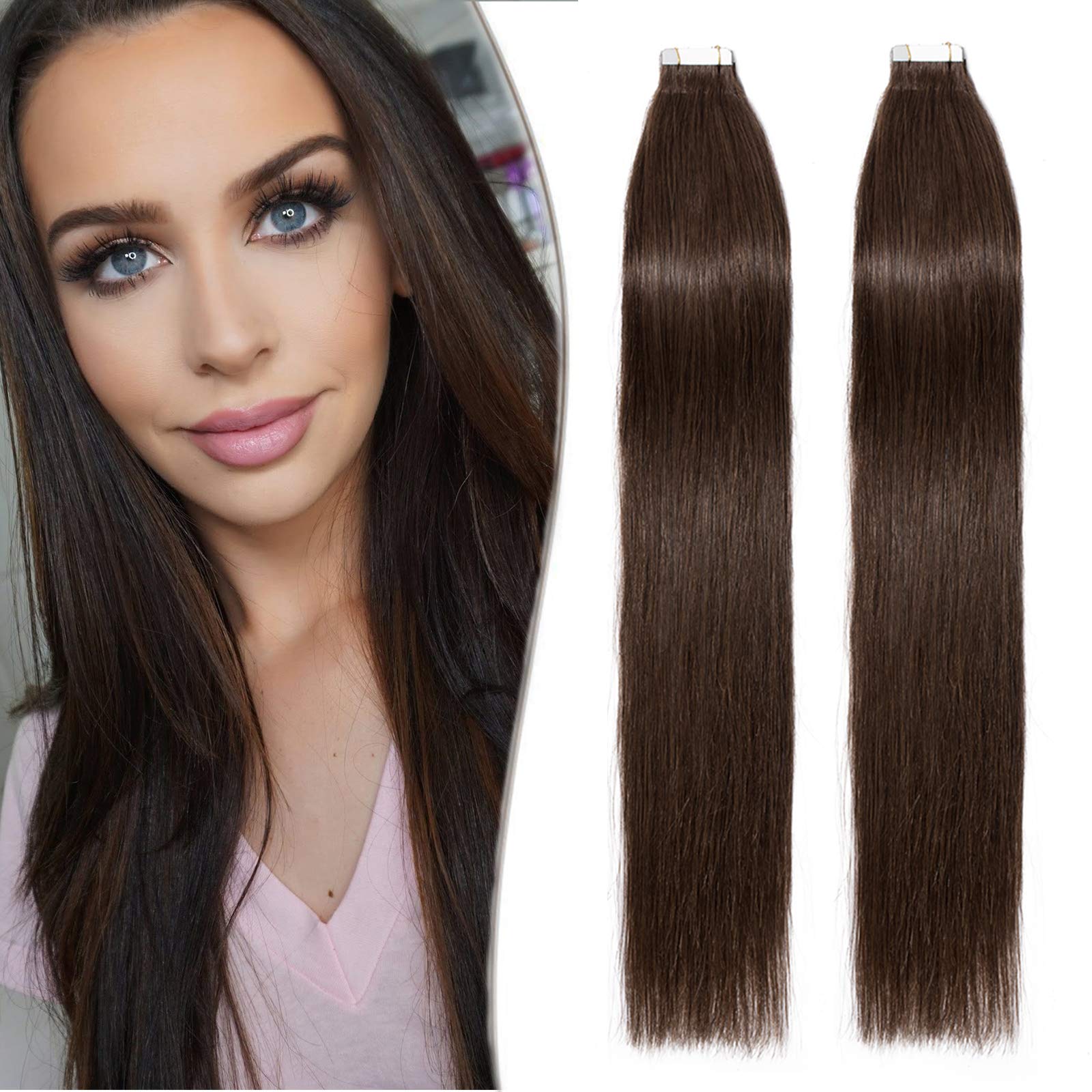 12"(30cm) SEGO 10PCS Extensiones Adhesivas Naturales Pelo Humano sin Clip [#4/27 Castaño Chocolate/Rubio Oscuro] Cabello 100% Remy Liso Balayage Tape in Human Hair (20g) — view 39