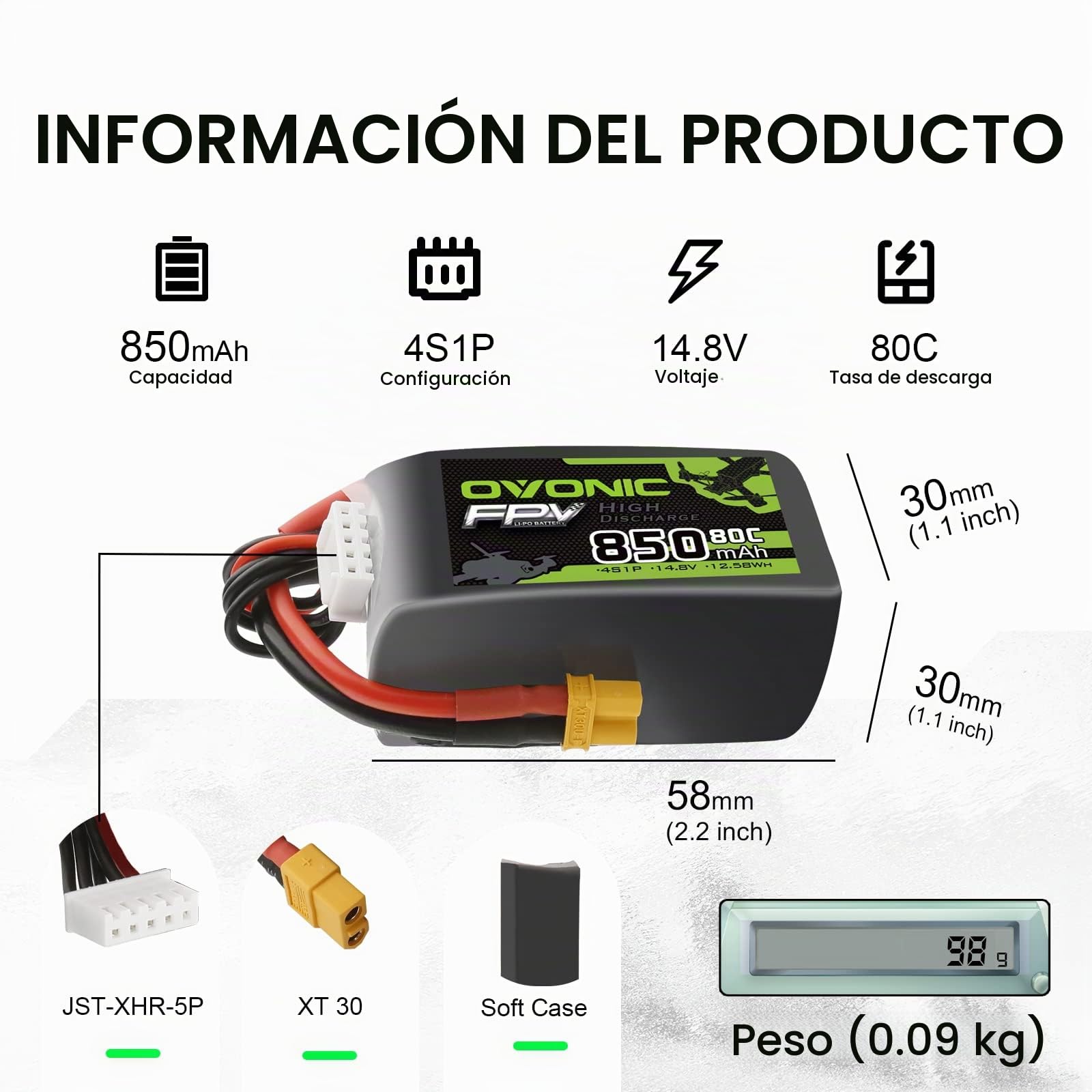OVONIC 4s Batería Lipo 80C 850mAh 14.8V con XT30 para RC Avión Quadcopter Helicóptero FPV Racing Drone (4 Piezas)