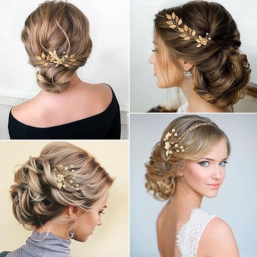 Miniatura 6 de 6 horquillas para el cabello de boda nupcial, hoja dorada, perlas de cristal, clips para el cabello, accesorios de boda, joyería con diamantes de