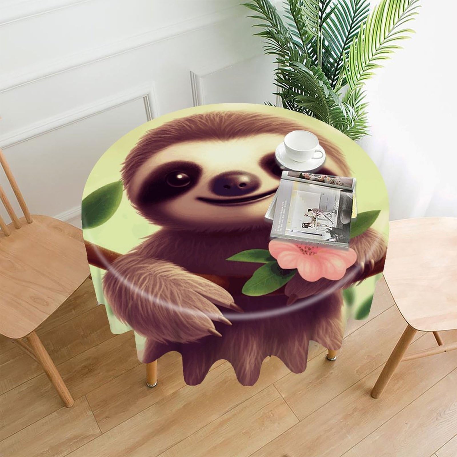FekiLoot Cute Sloth Round Tablecloth Cover 60 Inch Wrinkle Free Washable Polyester Fabric Table Cover Decorative Round Table Cloth for Home Dining Kitchen Party Farmhouse