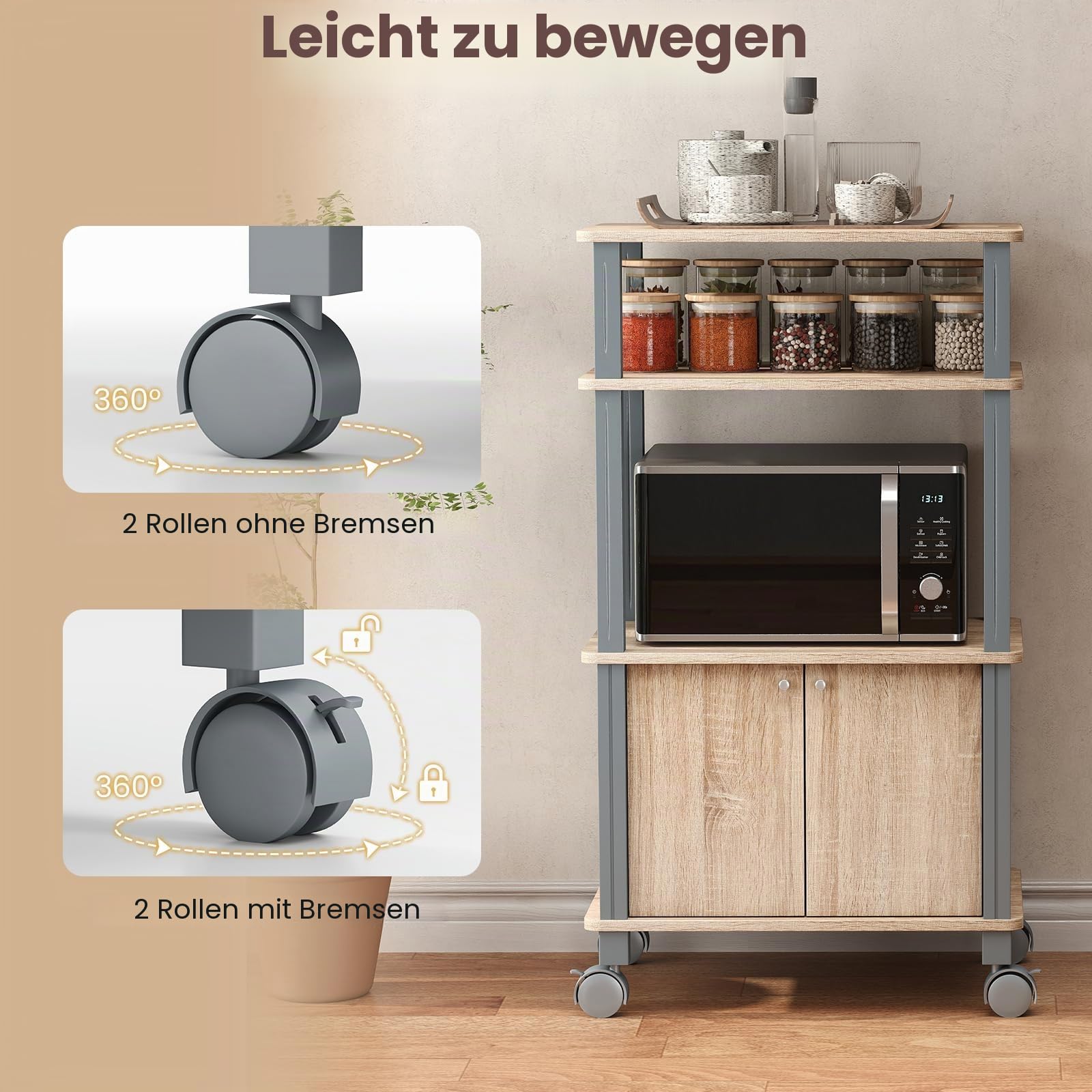 KOMFOTTEU Küchenwagen mit 3 Ebenen, Küchenregal mit Rollen und Schrank mit Tür, Beistellwagen aus Holz, Servierwagen, Organizer, Aufbewahrung für Esszimmer, 60 x 40 x 98 cm (Natur)