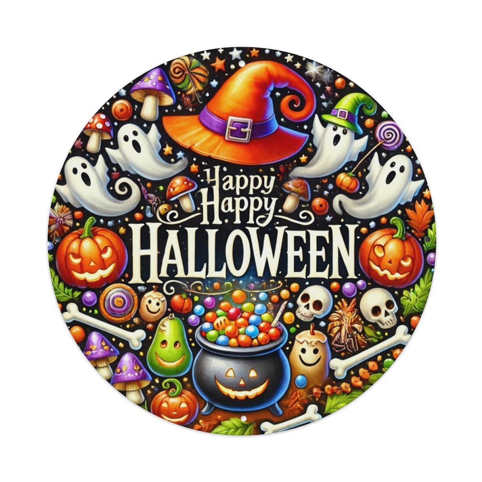 Happy Halloween Witch Hat Pattern Tin Sign Metal Poster Vintage Metal Signs for Home Man Cave Bar Cafe Kitchen laundry room Wall Decorations 8x8 inches