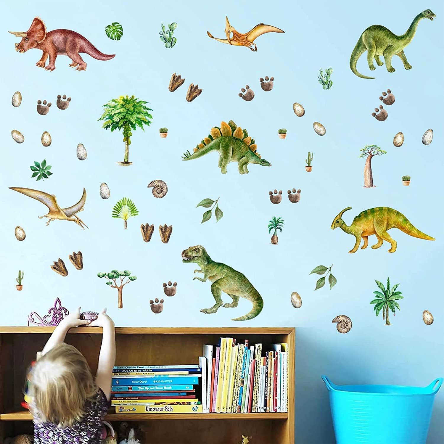 Naklejka ścienna z dinozaurami świecącymi, niebieska, do pokoju dziecięcego